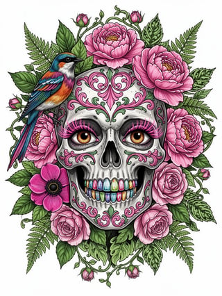 Stylized Skull with Pink Floral Art