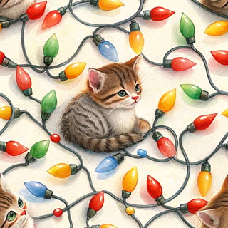 Tiny Kitten with Christmas Lights