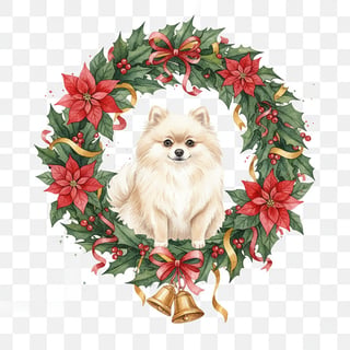 Watercolor Pomeranian in Christmas Wreath