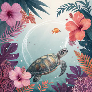 Tropical Turtle with Vibrant Botanicals