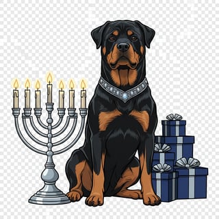Regal Rottweiler with Menorah and Gifts
