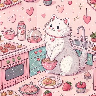 Fluffy Cat Baking in Pastel Kitchen