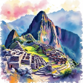 Machu Picchu Ink and Watercolor Art