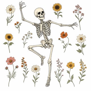 Vintage Dancing Skeleton with Wildflowers