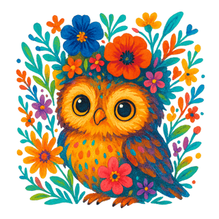 Colorful Floral Baby Owl Illustration