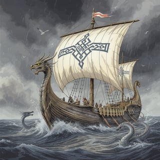 Fantasy Viking Longship in Stormy Sea