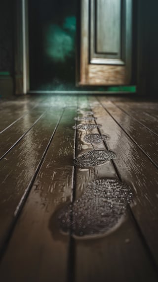 Wet Footprints on Aged Hardwood Floor
