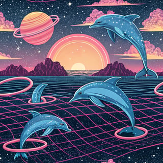 Electric-Blue Dolphins in Synthwave Ocean