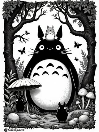 Detailed Linocut Illustration of Totoro