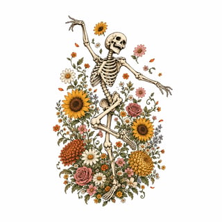 Vintage Halloween Skeleton Floral Art