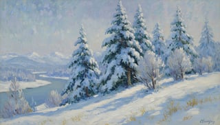 Impressionist Snowy Cedar Trees