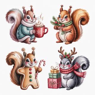 Cute Watercolor Squirrels in Holiday Attire
