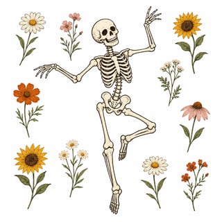 Vintage Dancing Skeleton with Wildflowers