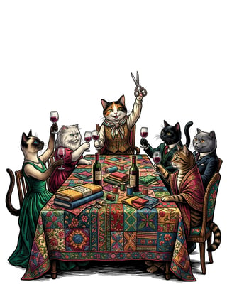 Elegant Cats at Quilt-Draped Table