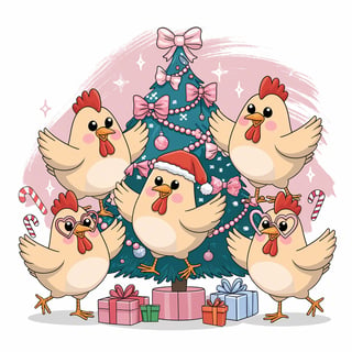 Cute Cartoon Chickens at Christmas Tree