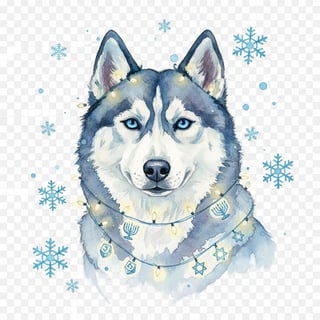 Watercolor Husky with Hanukkah Lights