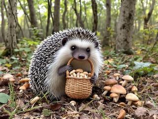 Hedgehog with Basket Gathering Mushrooms