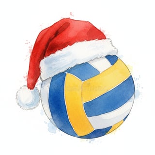 Watercolor Volleyball with Santa Hat