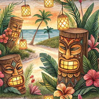Hawaiian Tiki Lantern Watercolor Art