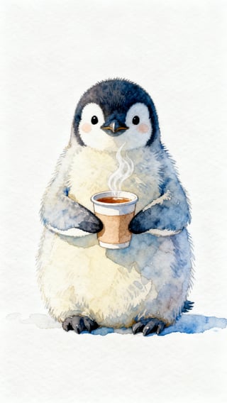 Watercolor Baby Penguin with Tea