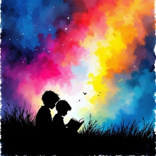 Silhouette of Boys Reading Together