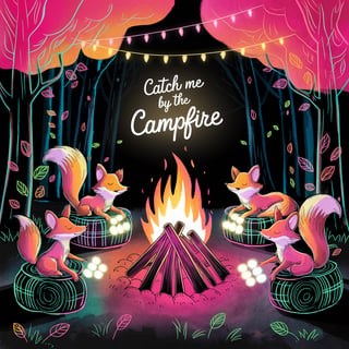 Neon Autumn Forest Campfire Scene