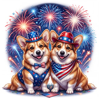 Patriotic Corgi Pair with Fireworks