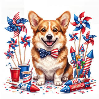 Festive Corgi with Patriotic Accessories