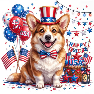Patriotic Corgi with American Flags