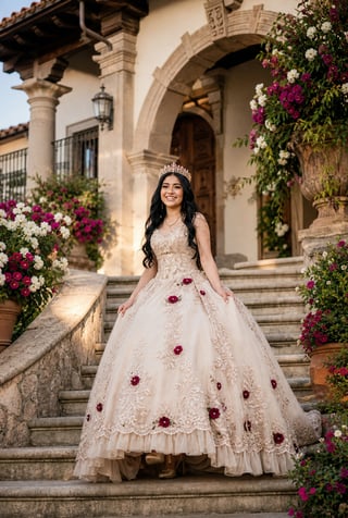 Quinceañera bajando escaleras en palacio
