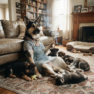 German Shepherd Husky Mix Dog with Puppies