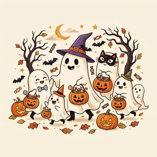 Whimsical Halloween Ghosts Illustration