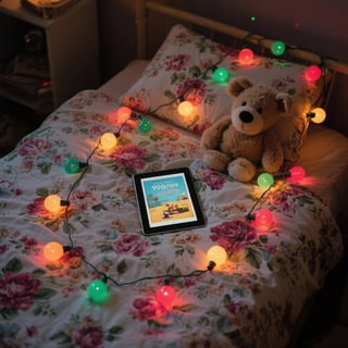 Cozy 90s Floral Bed with Christmas Bulbs