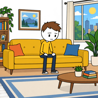 Flat 2D Cartoon: Alex on Mustard Sofa