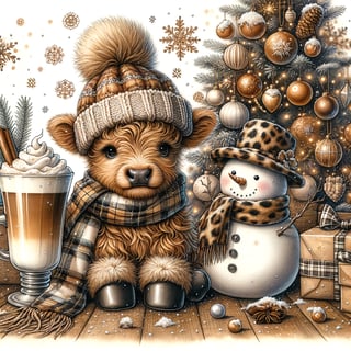 Cozy Christmas Baby Highland Cow Illustration