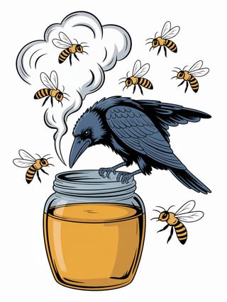 Raven with Bees and Honey Jar