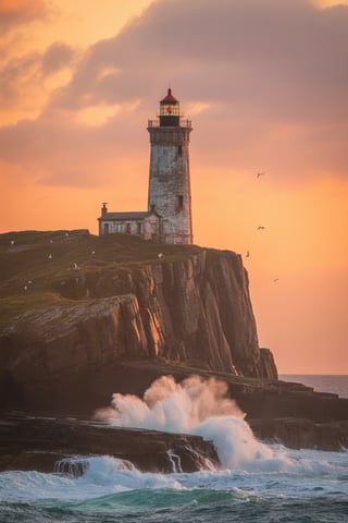 Lighthouse on Rugged Cliff at Sunset