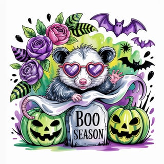 Cute Opossum Watercolor with Halloween Theme