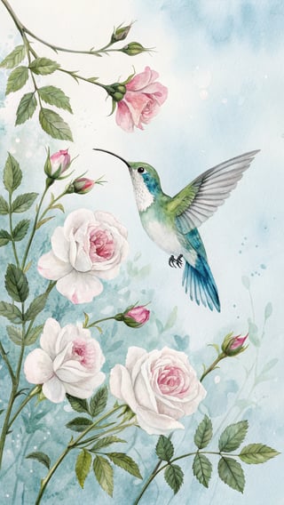Watercolor Hummingbird with Roses