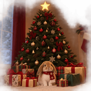 Bunny by Christmas Tree with Presents