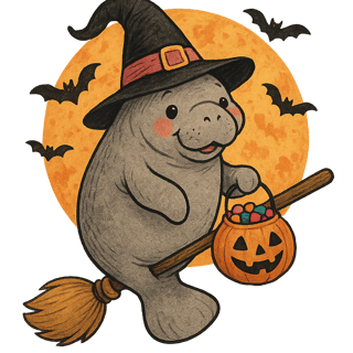 Cute Witch Manatee Halloween Illustration