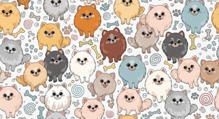 Seamless Multicolored Pomeranian Puppy Print