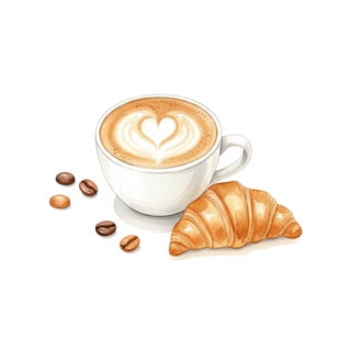 Watercolor Latte and Croissant Clipart
