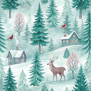 Snowy Woodland Watercolor Scene