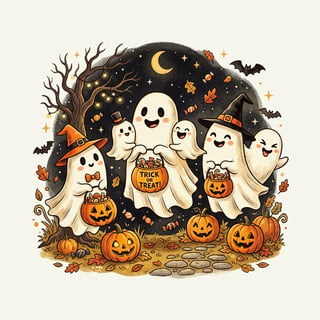 Whimsical Halloween Ghosts Illustration