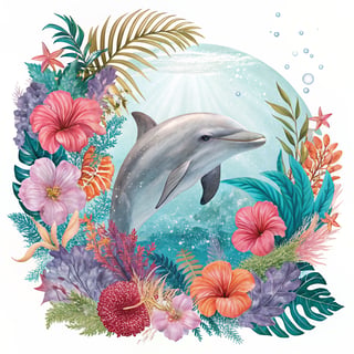 Elegant Dolphin with Tropical Botanicals