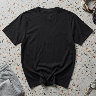Photorealistic Black Cotton T-Shirt Flat Lay
