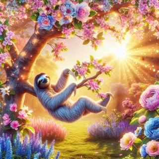 Sloth in Tree with Pastel Flowers