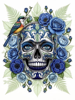 Blue Floral Metallic Skull Illustration