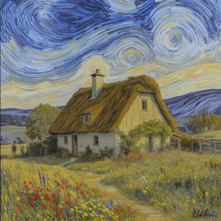 Rustic Cottage in Van Gogh Style